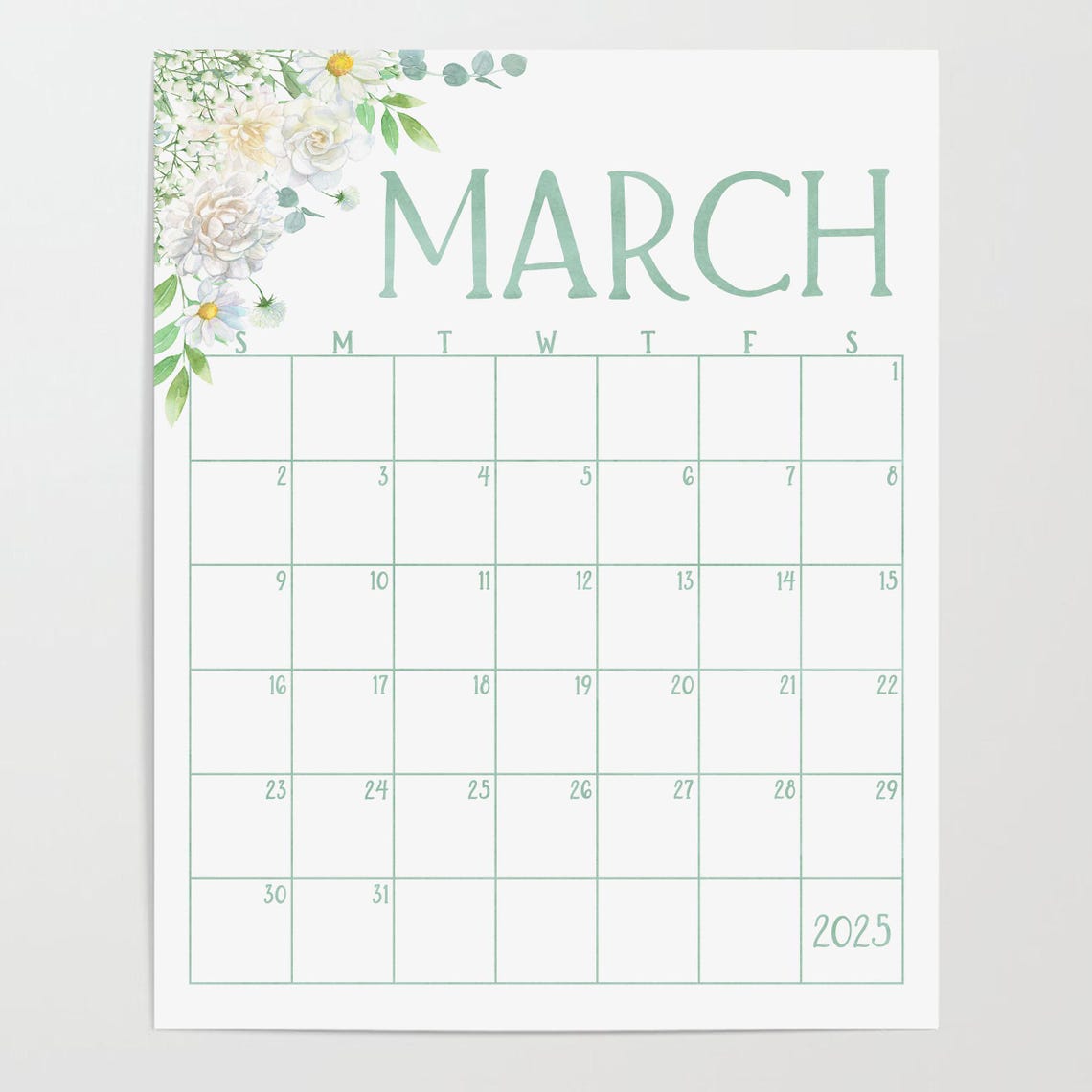 March 2025 Calendar White Daisy Floral Spring Monthly Planner Print - Image 2