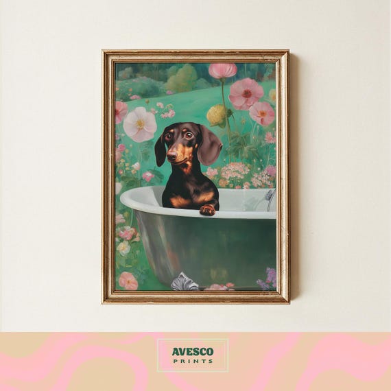 Dachshund Dog In Bathtub Print Funny Bathroom Wall Decor Gift For Lovers