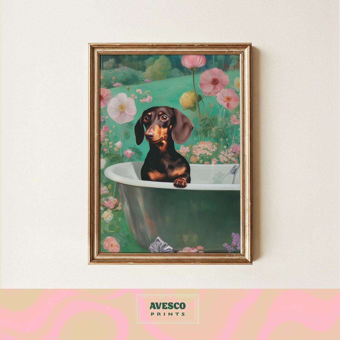 Dachshund Dog In Bathtub, Funny Bathroom Art Print