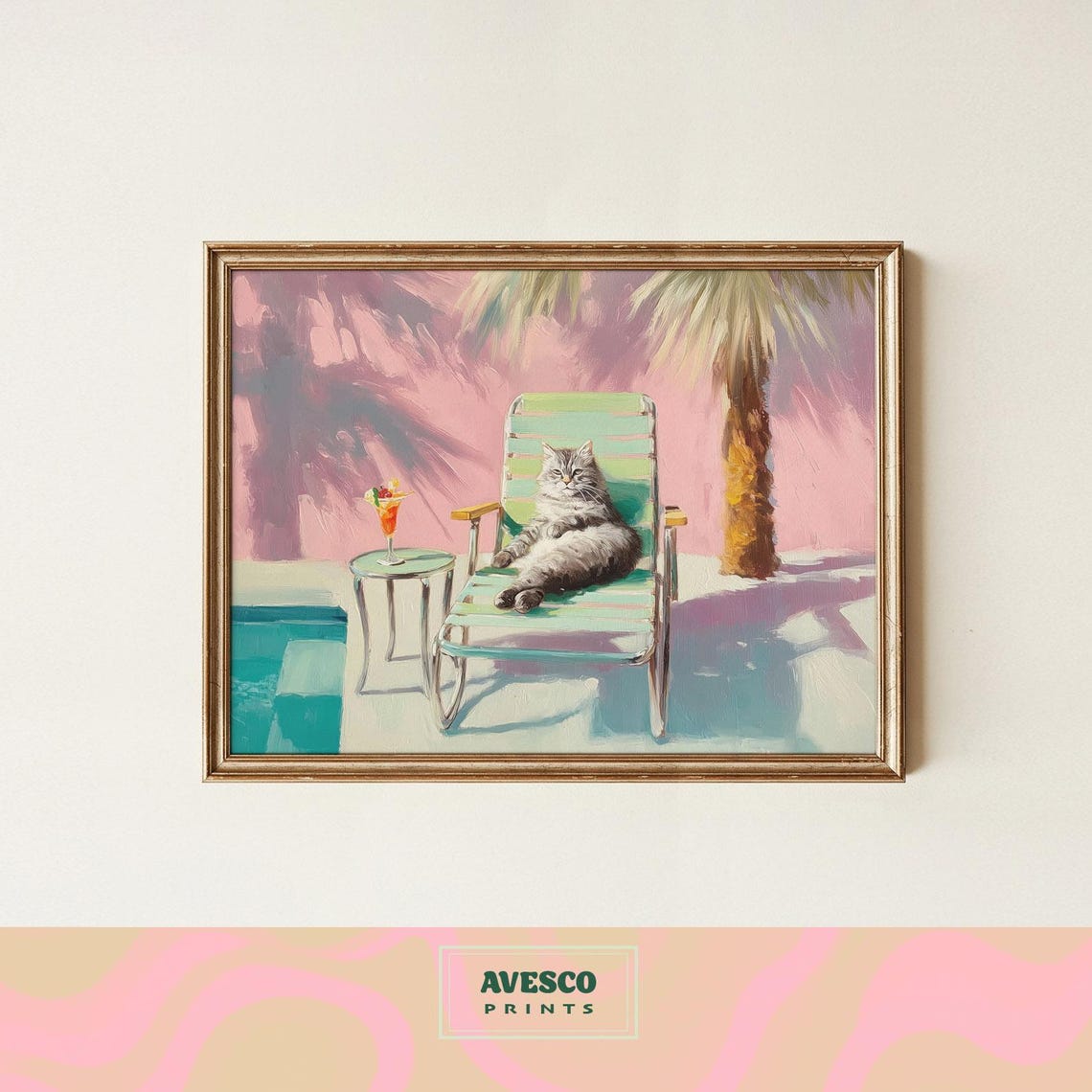Gray Tabby Cat Relaxing By The Pool In A Retro Summer Scene Poster