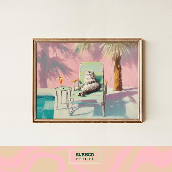 Gray Tabby Cat Relaxing By The Pool In A Retro Summer Scene Poster