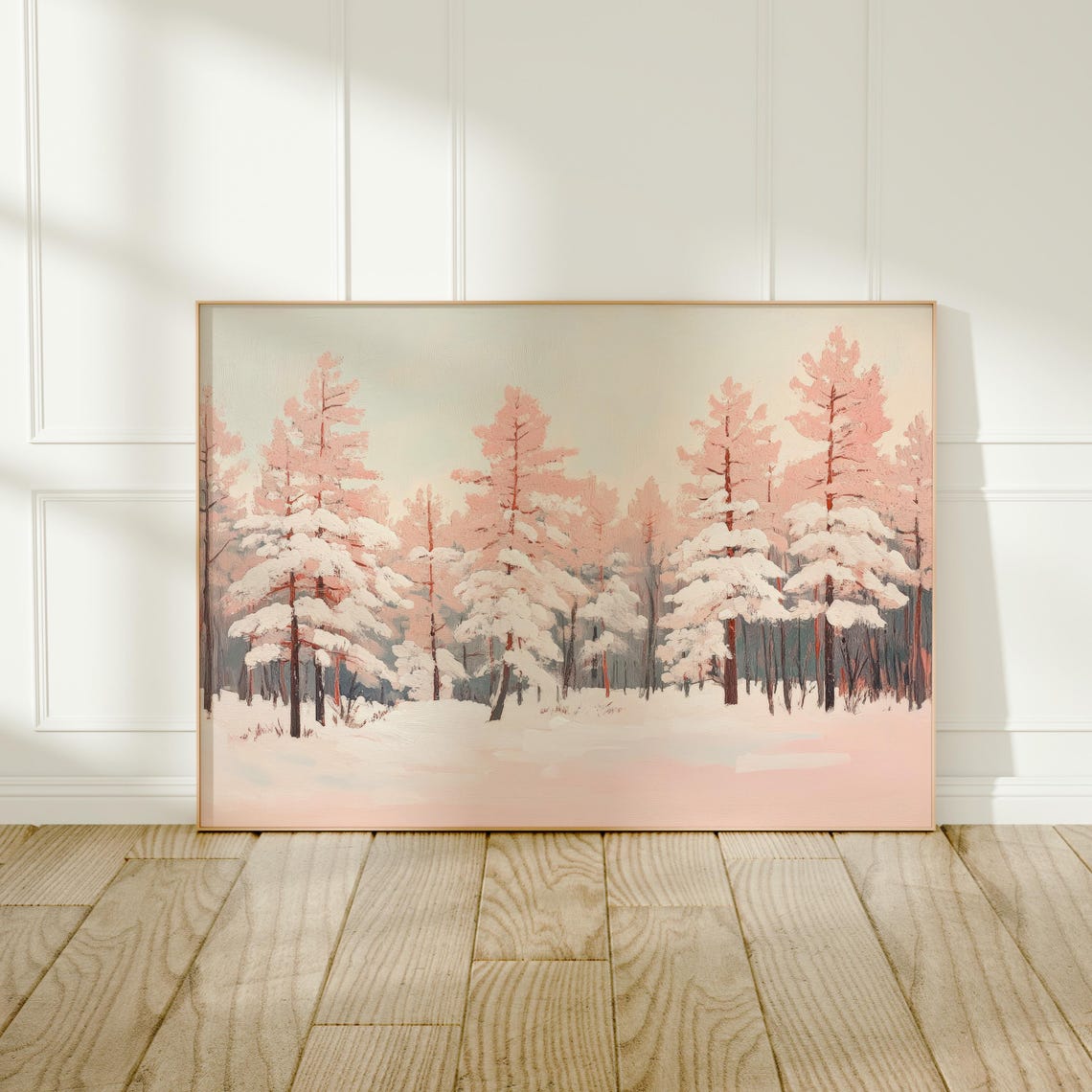 Blush Pink Pine Forest Snowy Winter Landscape Wall Art Poster - Image 4