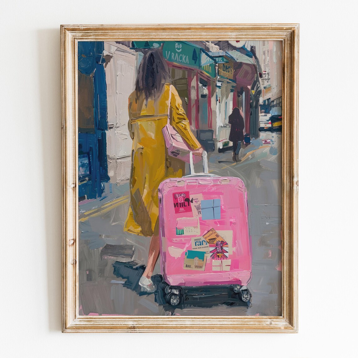 Woman Pink Luggage Travel Stickers City Street Wanderlust Art Poster