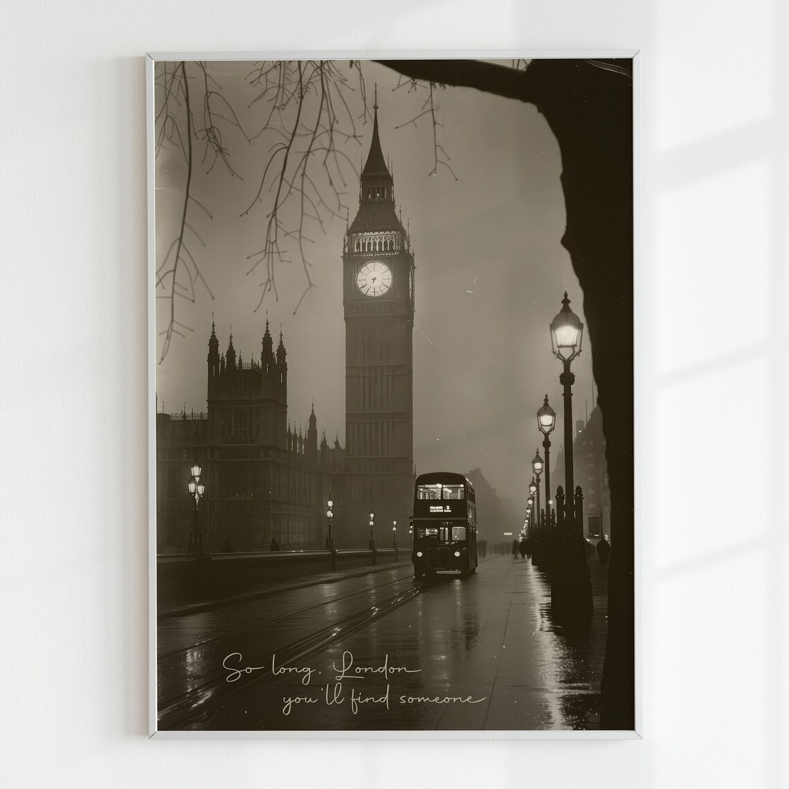 London Big Ben Moody Black and White Bus Night Song Lyrics Poster