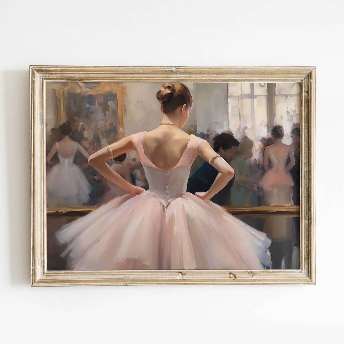 Ballerina in Pink Tutu Hands on Hips in Mirrored Dance Studio Oil Poster