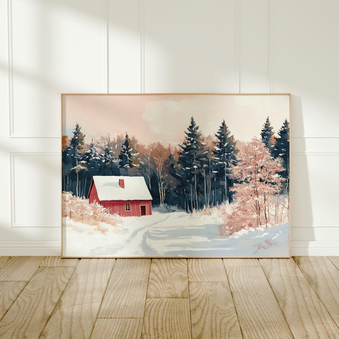 Red Cabin In Snowy Pine Forest Winter Landscape Wall Art Poster - Image 4