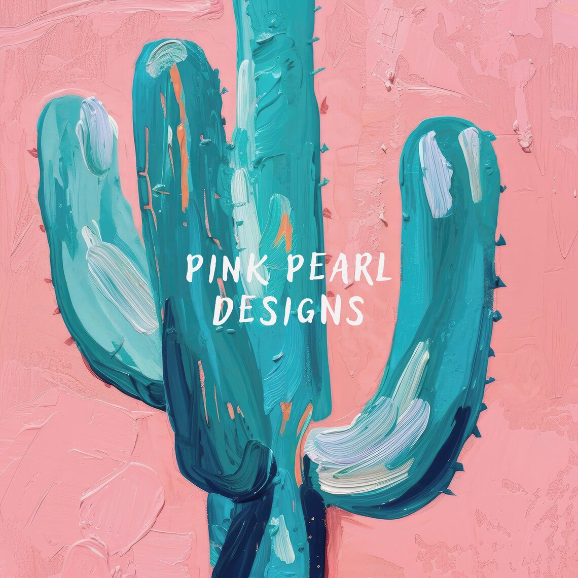 Teal Saguaro Cactus Pink Desert Background Oil Painting Poster - Image 8