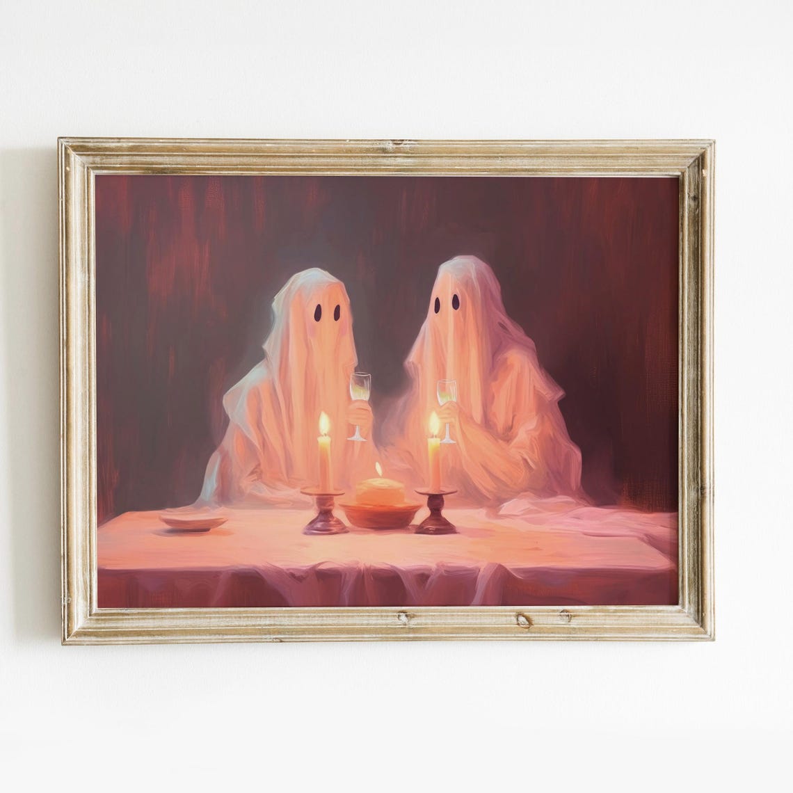 Romantic Ghost Couple Girly Wall Art Preppy Halloween Decor Cute Ghost Art Romantic Prints Pastel Halloween
