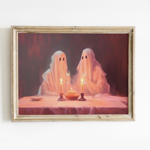 Romantic Ghost Couple Girly Wall Art Preppy Halloween Decor Cute Ghost Art Romantic Prints Pastel Halloween