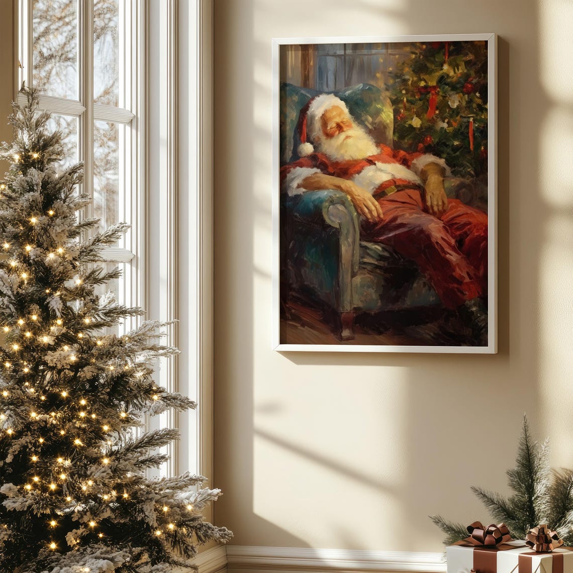 Sleeping Santa Claus Armchair Christmas Tree Painting Wall Art - Image 4