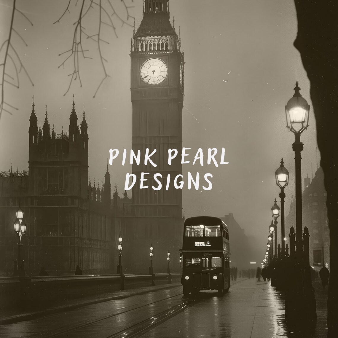 London Big Ben Moody Black and White Bus Night Song Lyrics Poster - Image 4