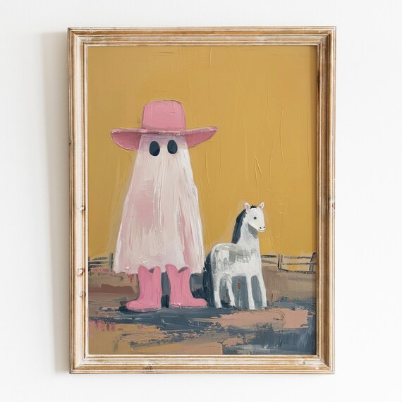 Cowgirl Ghost Pink Hat Boots With Horse Halloween Art Poster