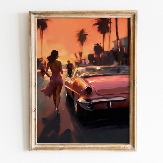 California Sunset Vintage Wall Art Palm Springs Trendy Preppy Room Decor Girly Pink Car Poster Pink