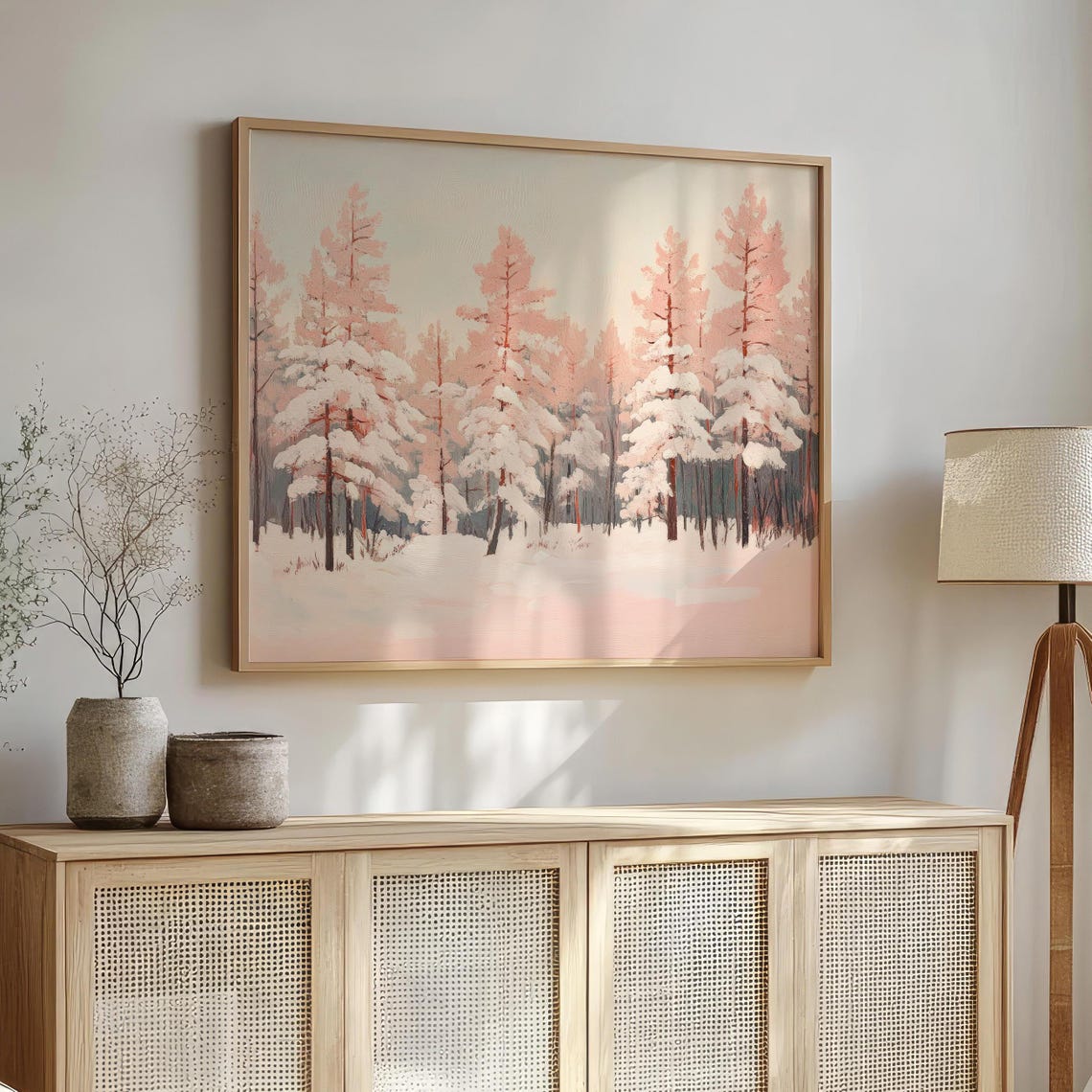 Blush Pink Pine Forest Snowy Winter Landscape Wall Art Poster
