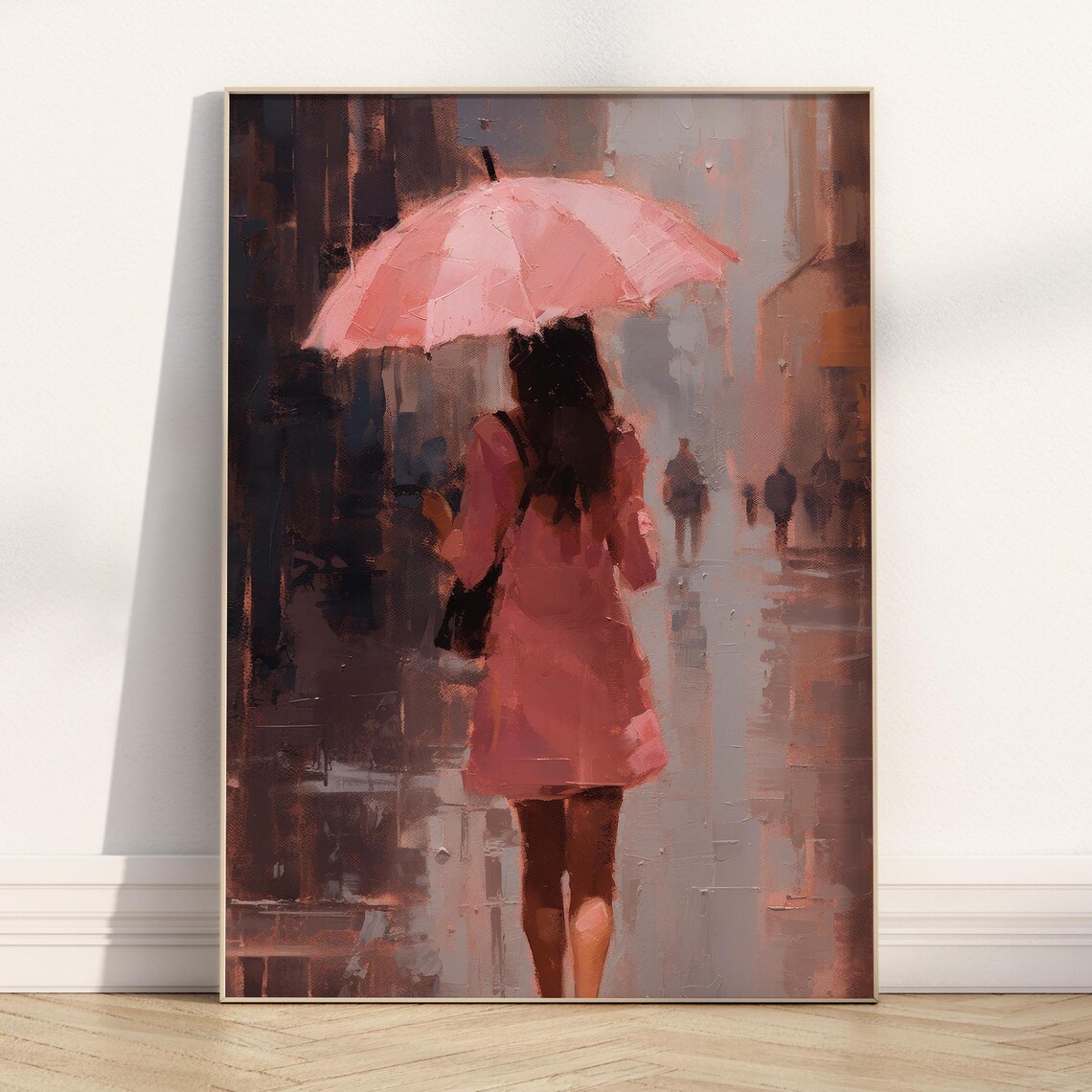 Woman Pink Umbrella Rainy City Street Painting Wall Art Print - Image 5