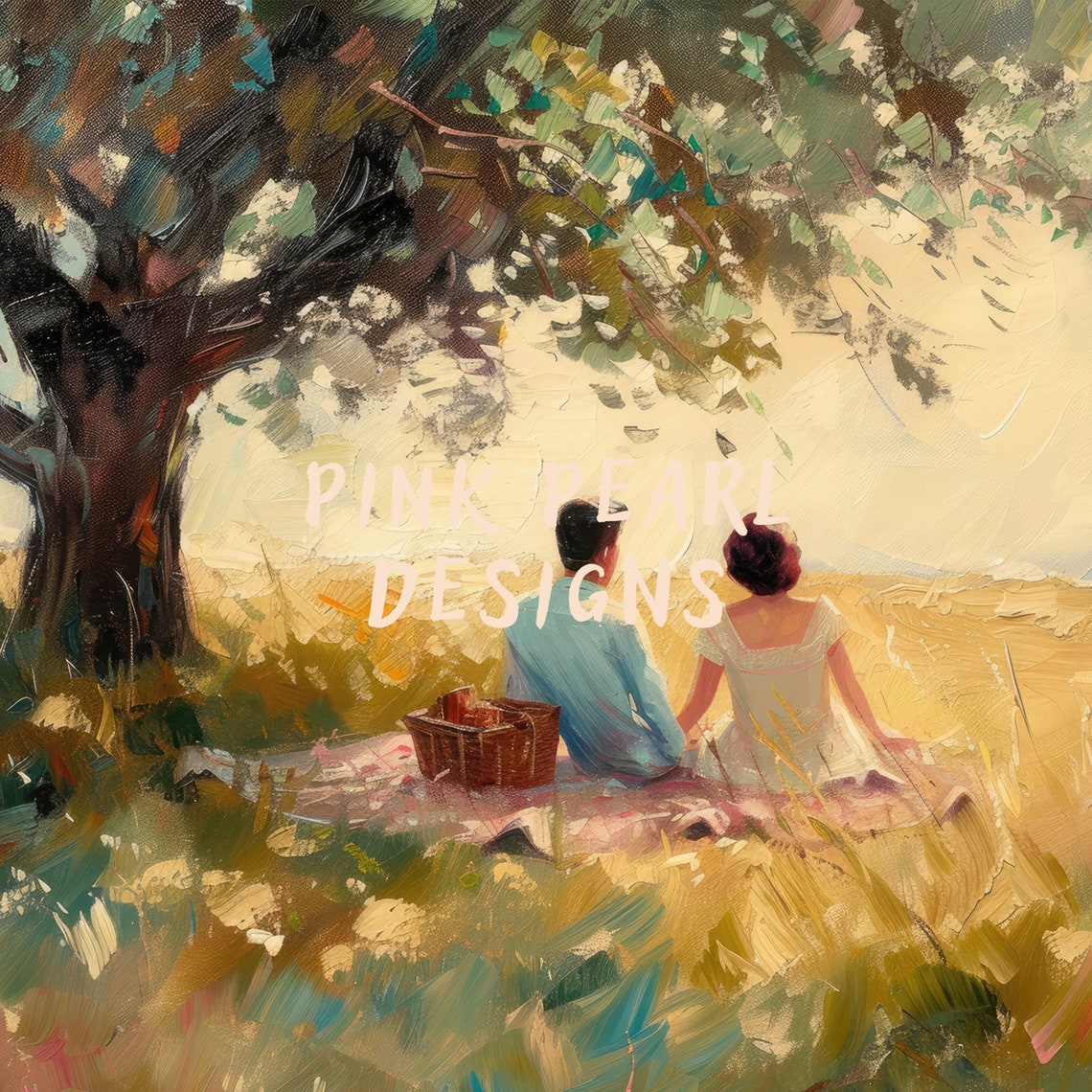 Romantic Couple Picnic Meadow Tree Impressionist Painting Print - Image 8