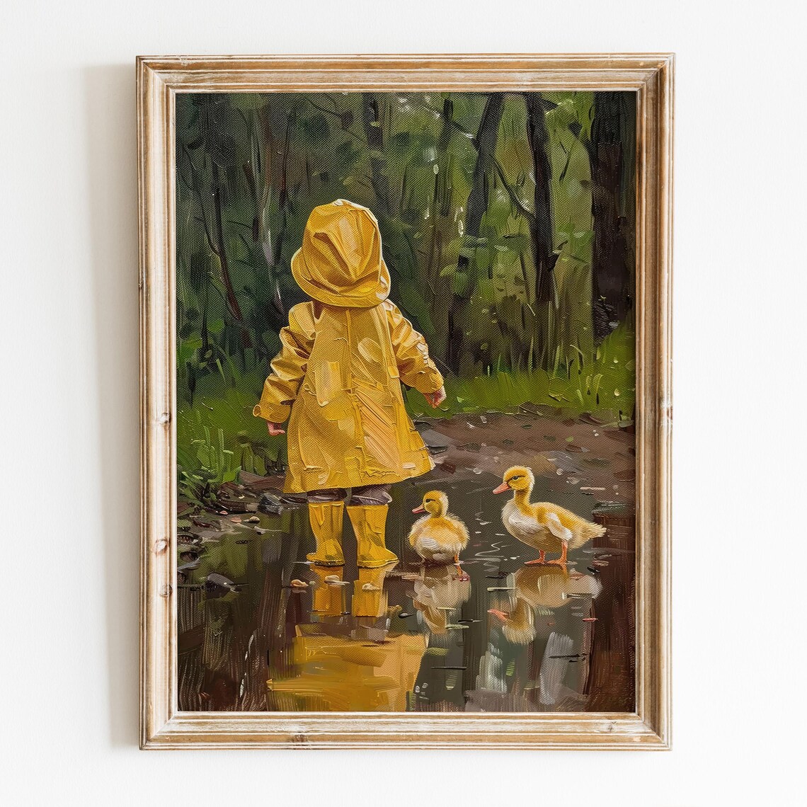 Child Yellow Raincoat Ducklings Rainy Puddle Nursery Oil Art Poster