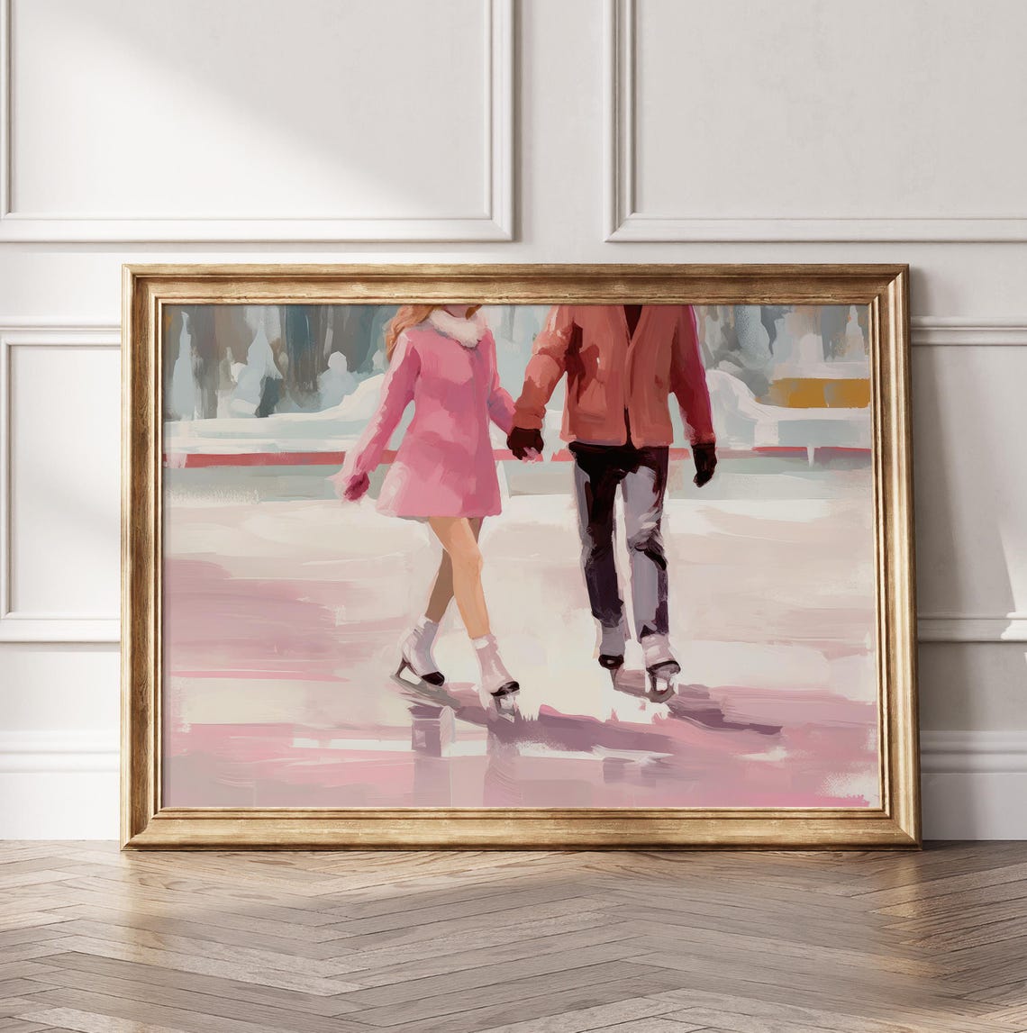 Sweet Pink Couple Ice Skating Holding Hands Winter Wall Art Print