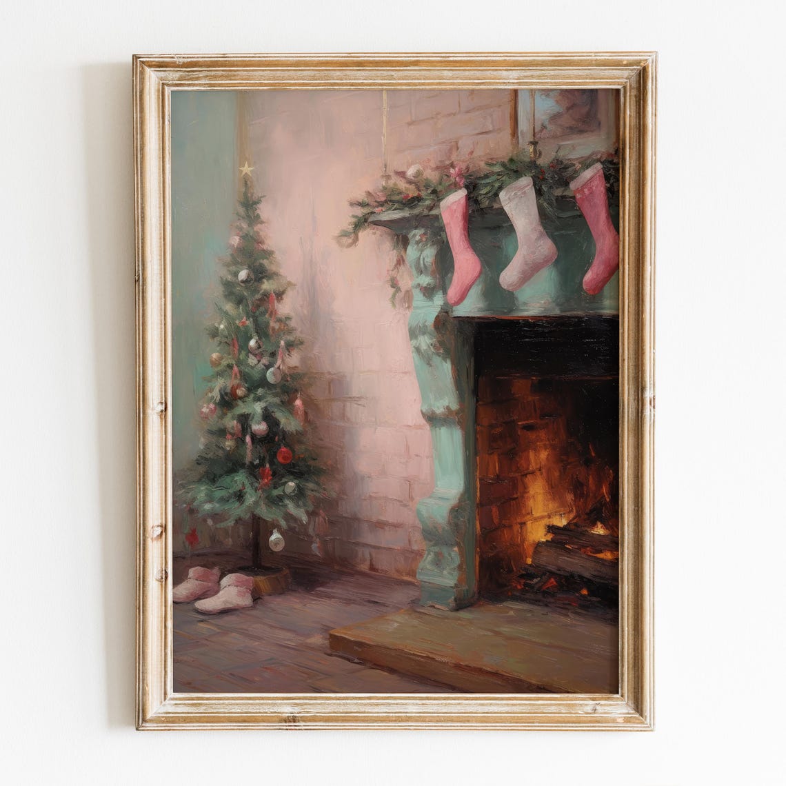 Moody Fireplace Pink Stockings Christmas Tree Holiday Poster - Image 6