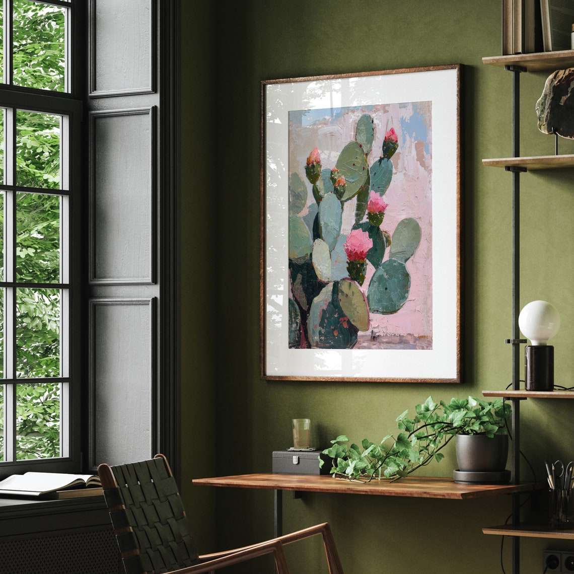 Prickly Pear Cactus Pink Blossoms Desert Botanical Oil Art Poster - Image 5
