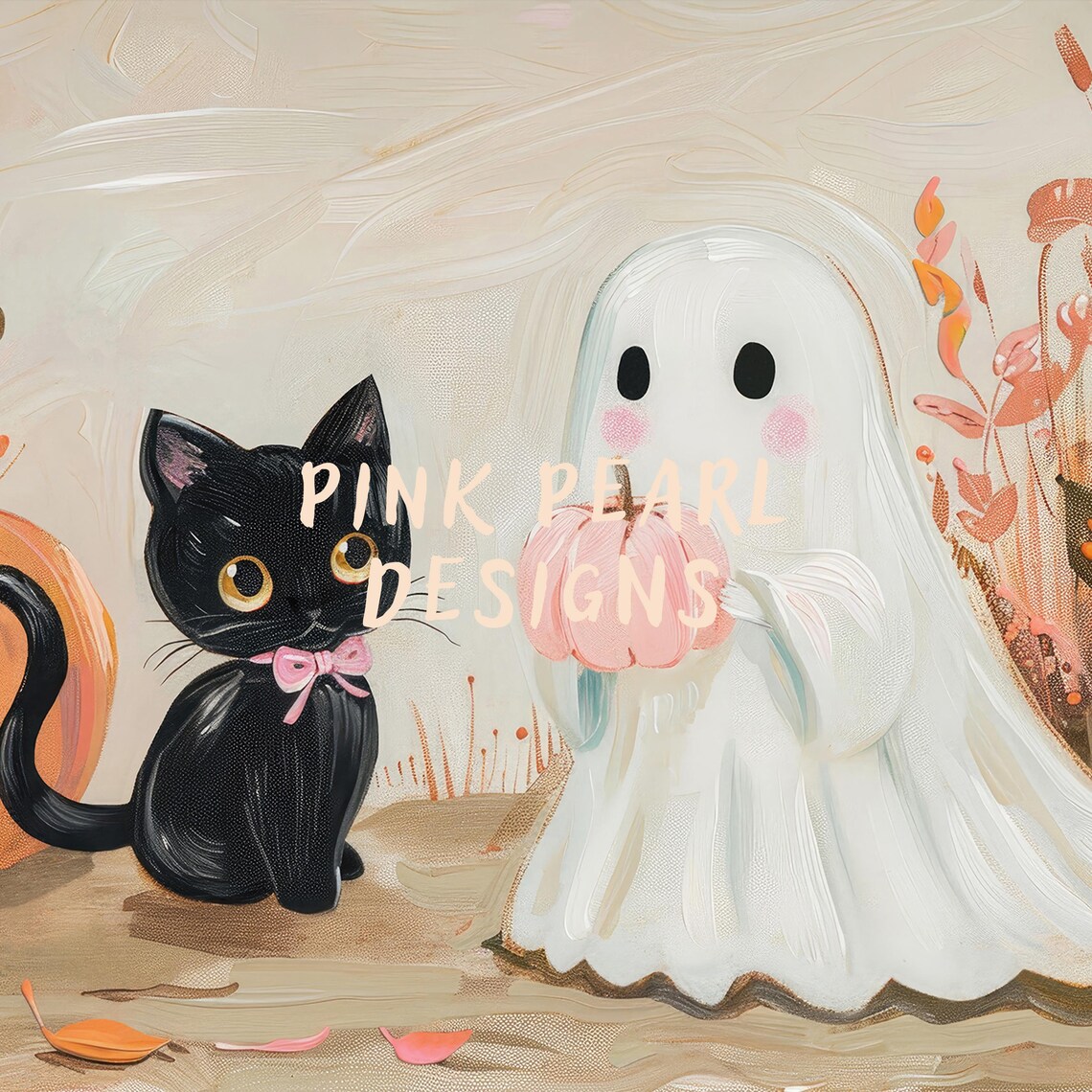 Cute Ghost Black Cat Pumpkins Halloween Friends Pink Bow Nursery Wall Poster - Image 6