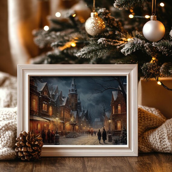 Christmas Market Vintage Wall Art Moody Christmas Painting Cozy Christmas Room Decor Christmas In Town Poster