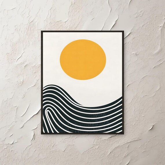 Minimalist Sun And Wave Abstract Print Modern Geometric Wall Art Yellow Circle Black Line Poster Contemporary File