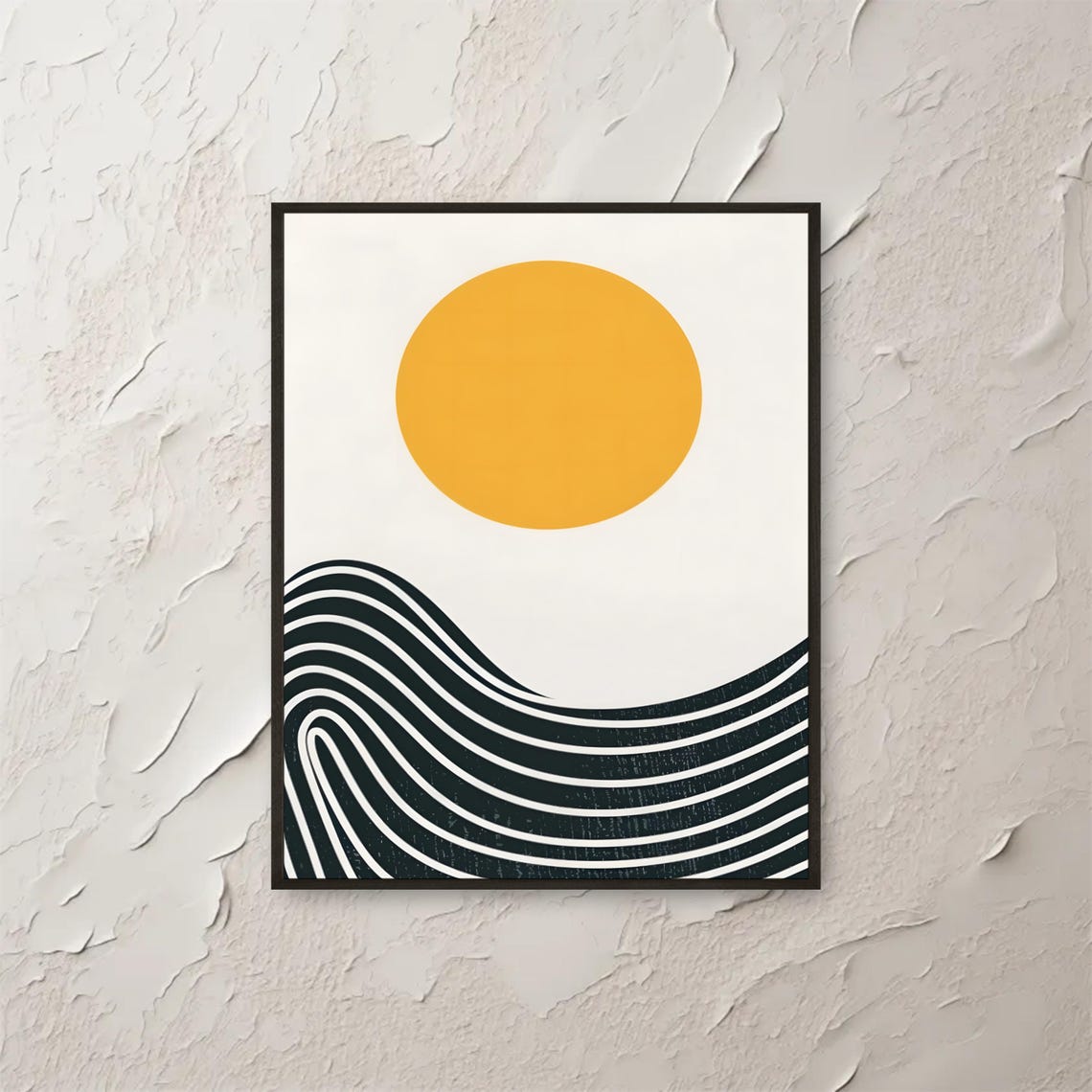 Minimalist Sun And Wave Abstract Print Modern Geometric Wall Art Yellow Circle Black Line Poster Contemporary File