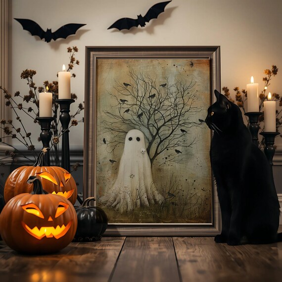 Gentle Under Autumn Tree Art Print Whimsical Halloween Wall Decor Moody Gothic Forest Illustration With Crows