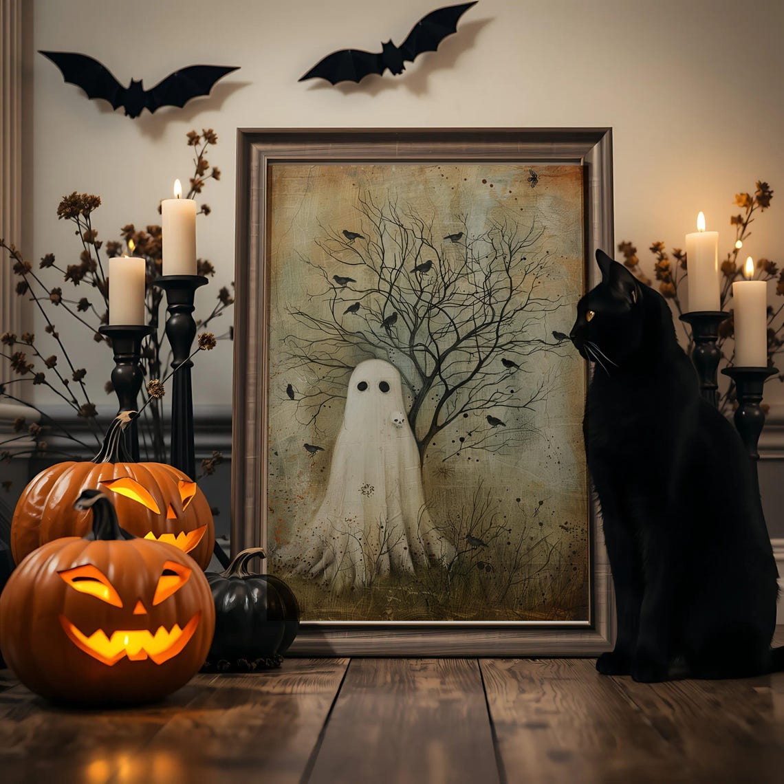 Gentle Under Autumn Tree Art Print Whimsical Halloween Wall Decor Moody Gothic Forest Illustration With Crows