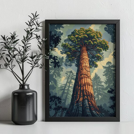 Towering Giant Sequoia Tree Majestic Forest Illustration Art Poster