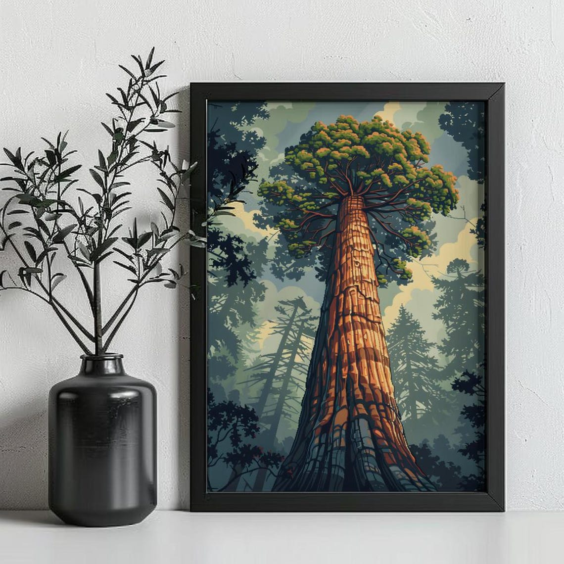 Towering Giant Sequoia Tree Majestic Forest Illustration Art Poster