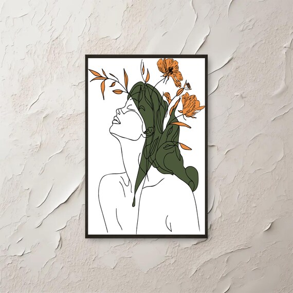 Abstract Woman Line Art Wall Boho Botanical Floral Face Poster Minimalist Green Orange Drawing Modern Printdownload Png File