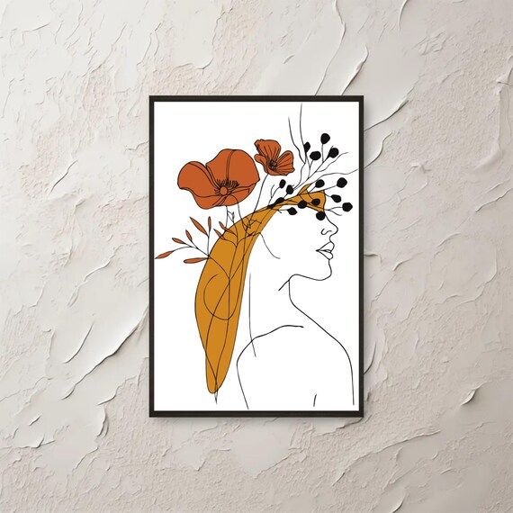 Abstract Boho Woman Line Art Wall Floral Botanical Face Print Minimalist Modern Drawing Poster Instant Png File