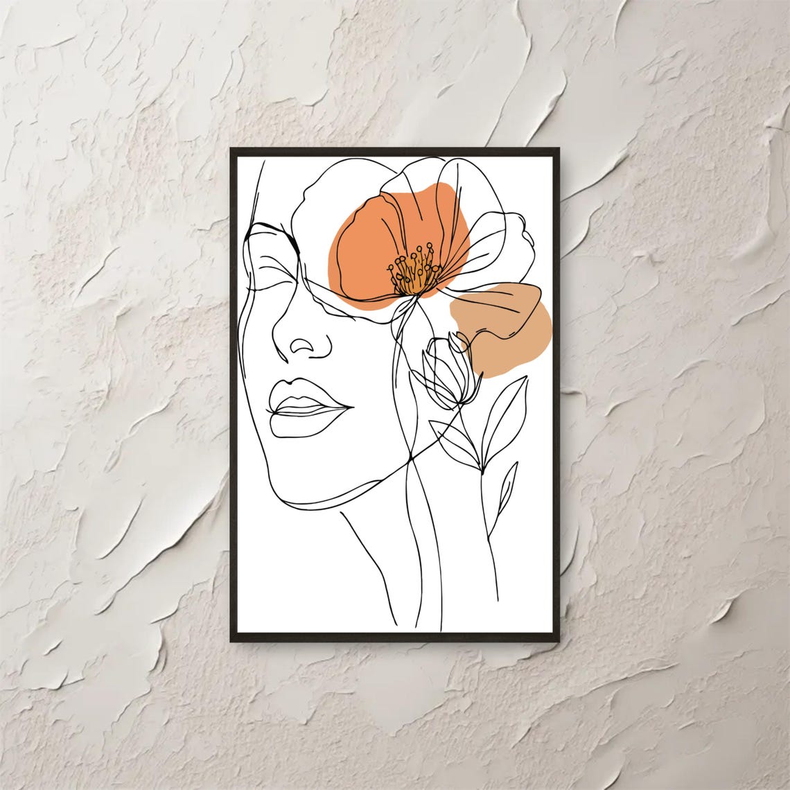Boho Floral Woman Line Art Wall Minimalist Abstract Face Drawing Modern Botanical Print Poster Instant Png File