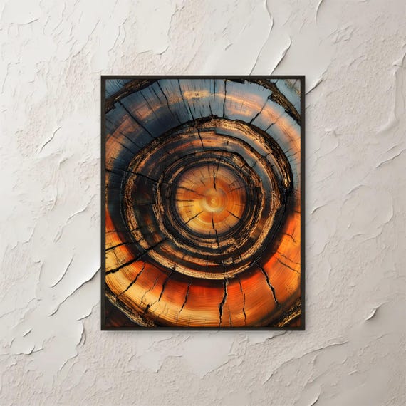 Rustic Tree Rings Wall Art Print Abstract Wood Grain Texture Artwork Orange Brown Blue Nature Decor Organic Home Photography Poster