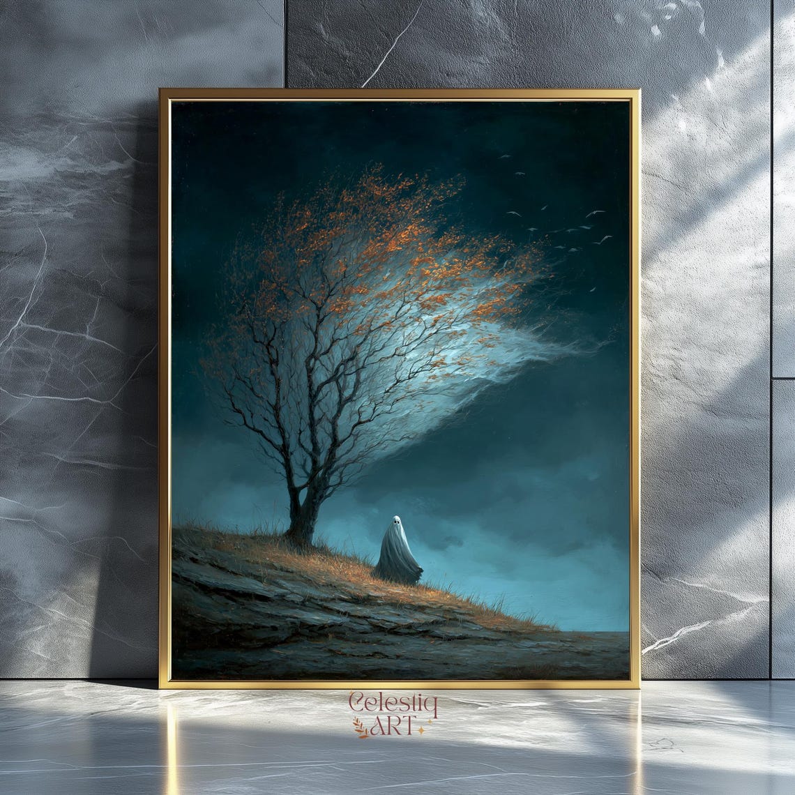 Ghost Under Windblown Tree Moody Night Halloween Spooky Art Print