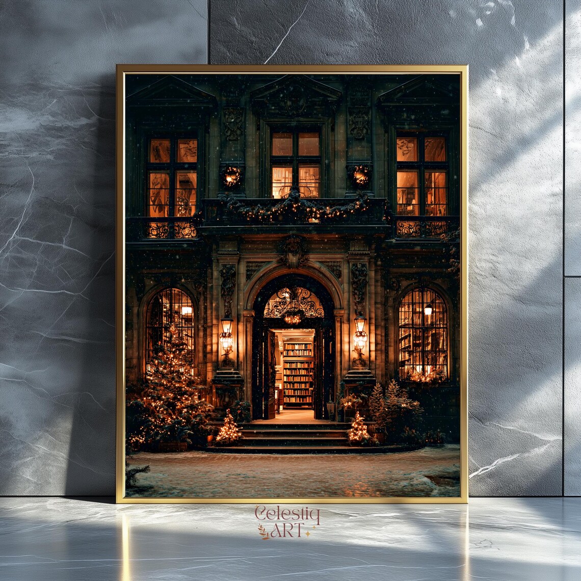 Snowy Christmas Bookstore Night Cozy Holiday Street Scene Poster
