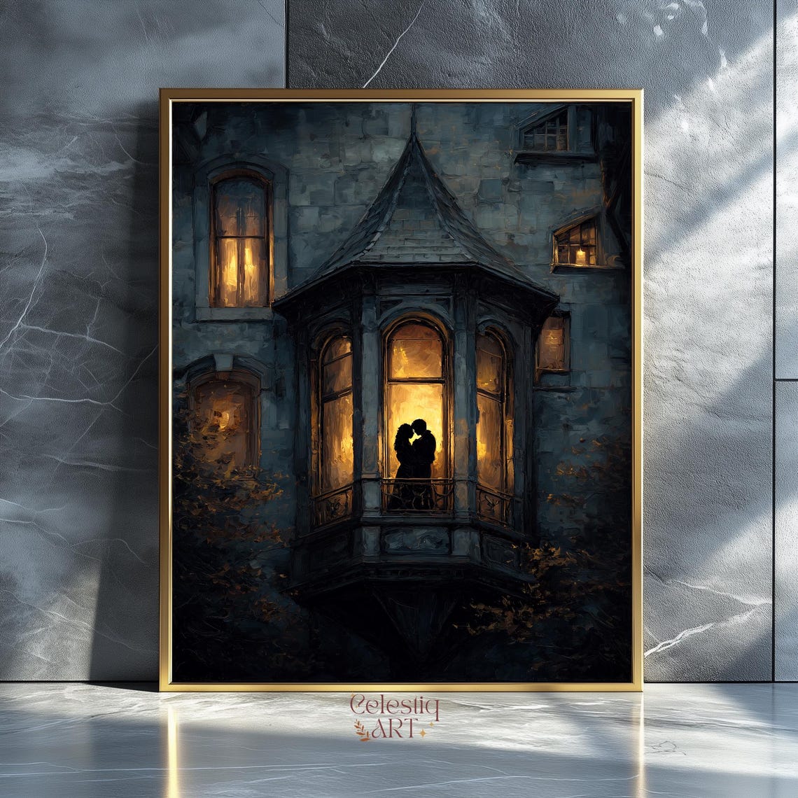 Dark Academia Couple Silhouette Gothic Window Romantic Art Print