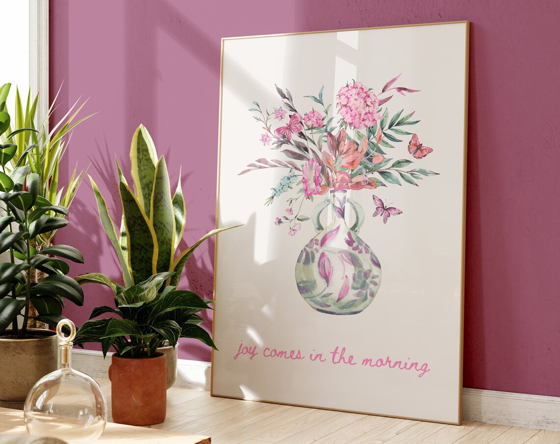 Joy Comes in the Morning Watercolor Floral Vase Butterfly Pastel Art Poster