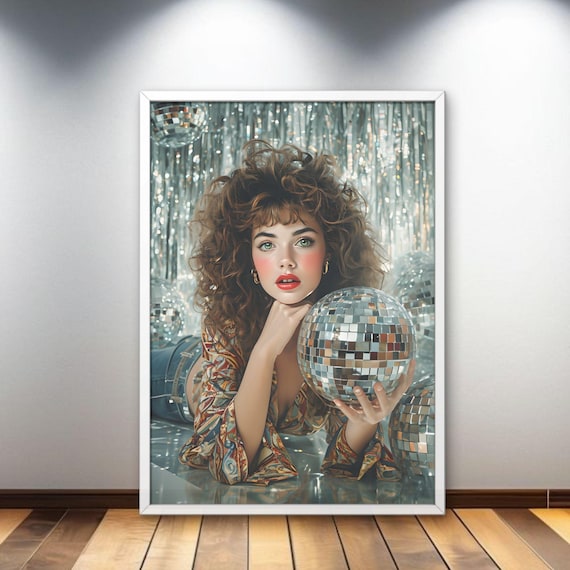 1970s Disco Woman Curly Hair Mirror Ball Retro Glamour Art Poster