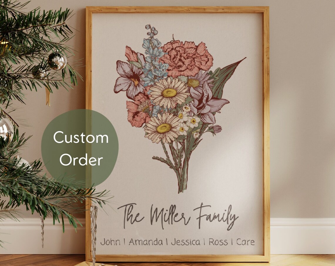 Custom Family Flower Bouquet Birth Flower Poster