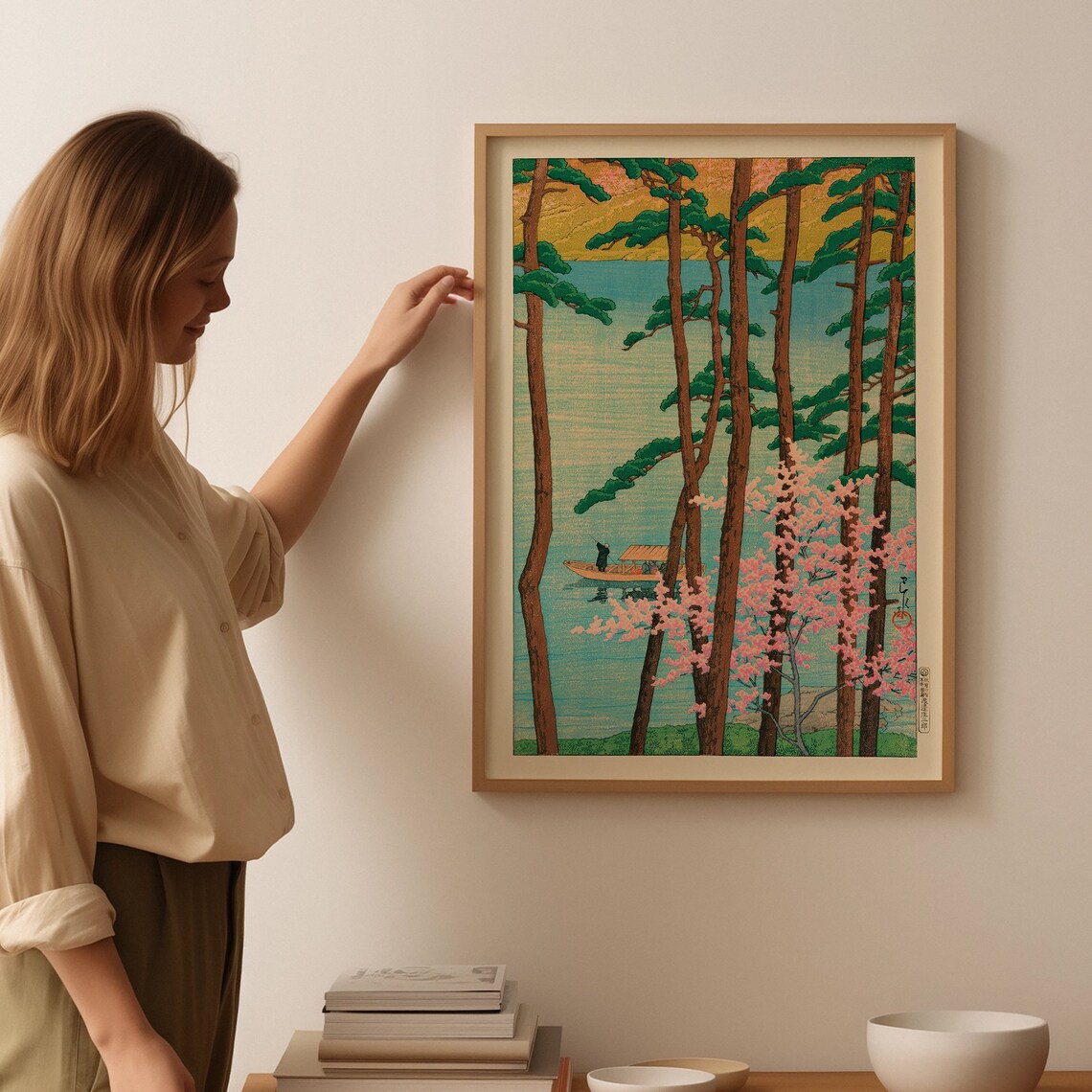 Kawase Hasui Cherry Blossom Pines Lake Boat Vintage Woodblock Art Poster - Image 2