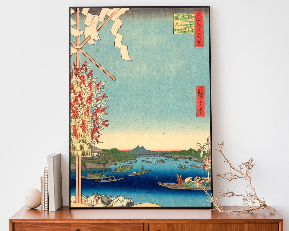 Traditional Japanese Poster Utagawa Hiroshige Woodblock Print For Asian Home Decor Miyato River By Great Bank Of Asakusa