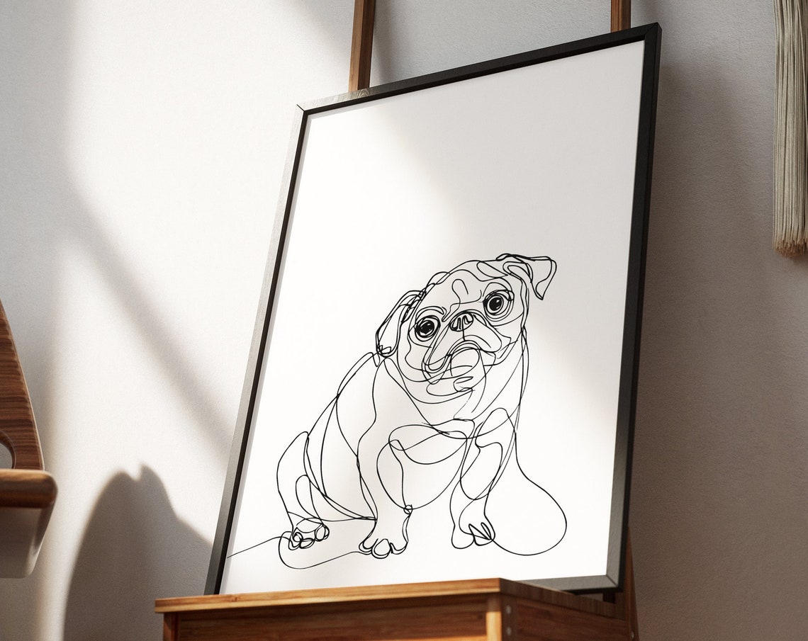 Pug Facing Forward Continuous Line Drawing Playful Minimal Dog Poster