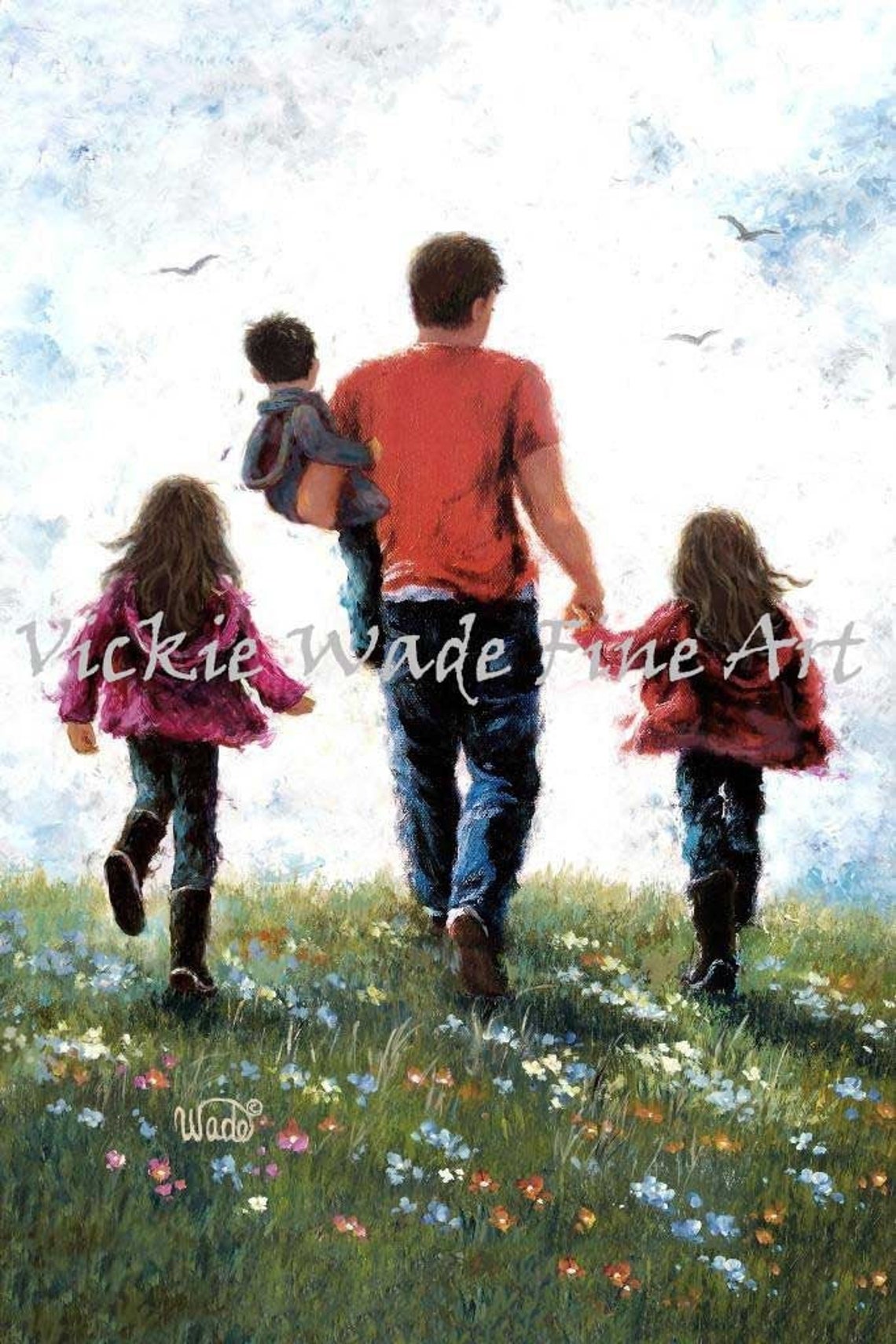 Father Walking With Three Children Through Flower Meadow Poster