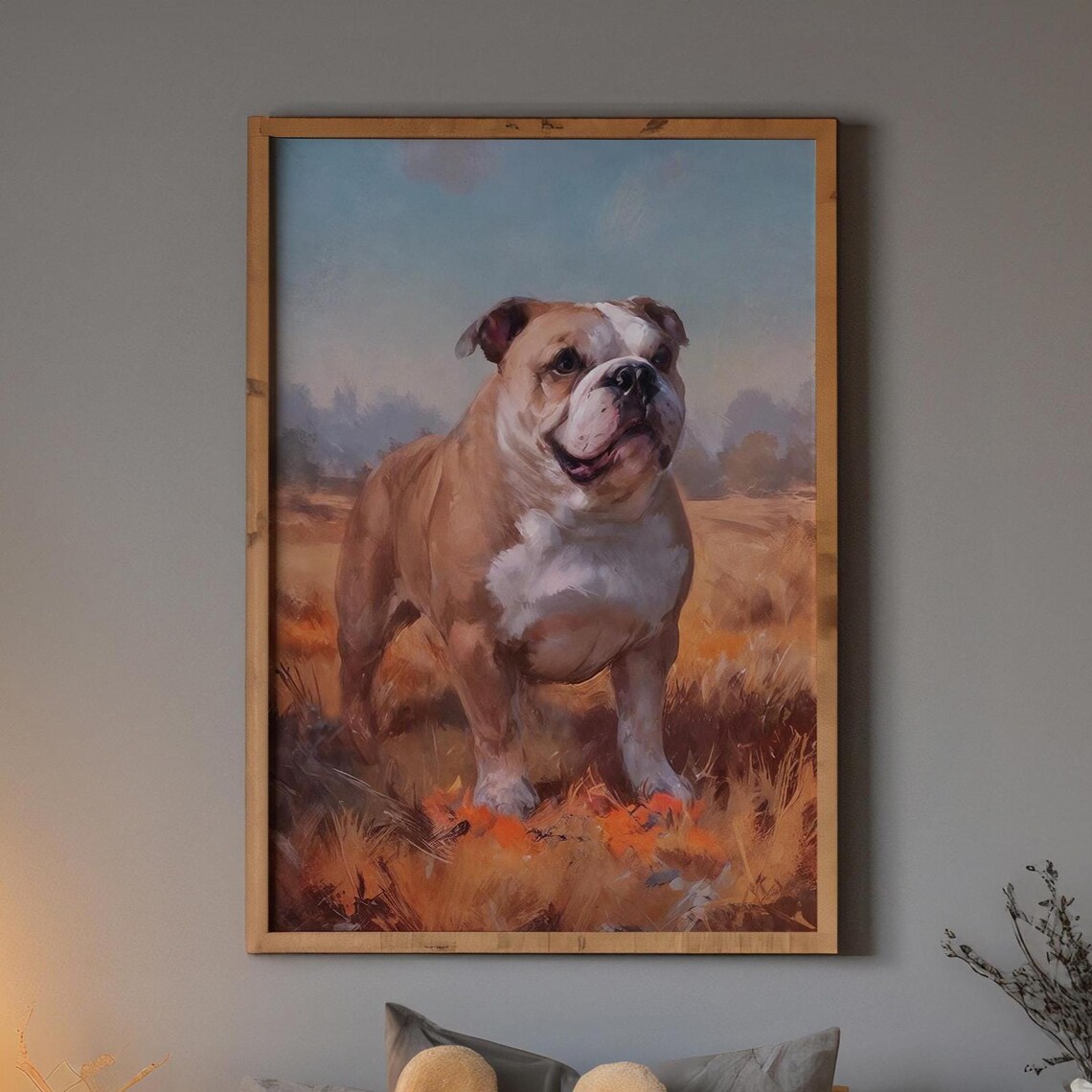 Stocky English Bulldog Rustic Oil Painting Autumn Field Pup Print