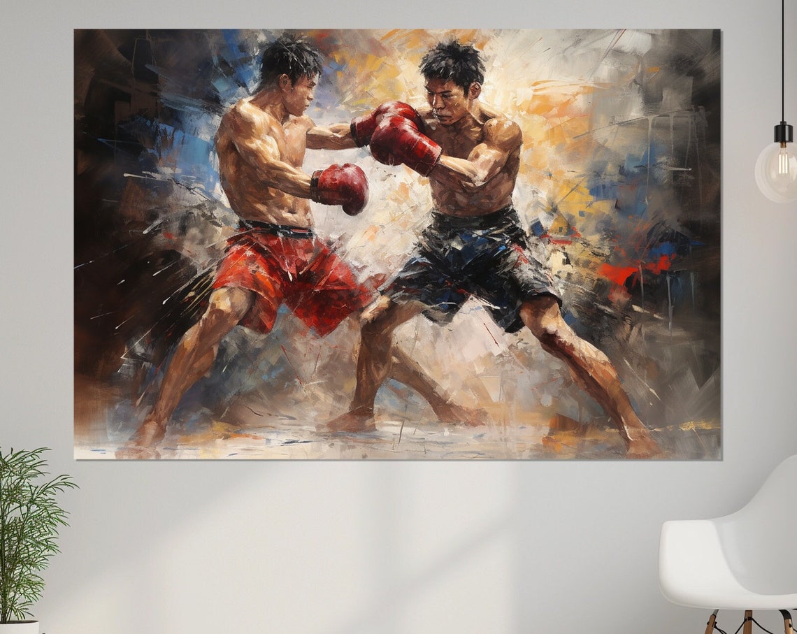 Muay Thai Fighters Sparring Red Gloves Dramatic Oil Painting Poster