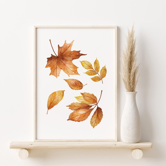 Watercolor Autumn Leaves Maple Botanical Poster Fall Warm Tones Decor