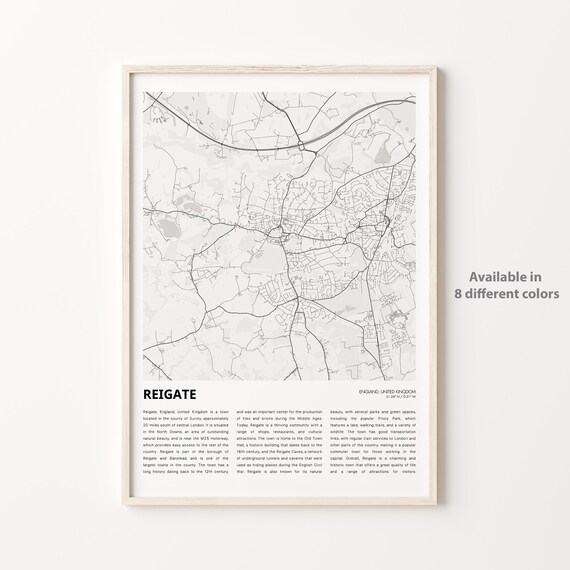 Reigate England Surrey Minimalist Monochrome Street Map Town Poster